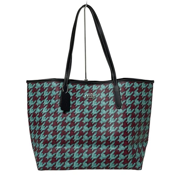 COACH City Tote Hound's Tooth Print CJ626 Blue Green Bordeaux Black PVC - - Picture 3 of 8